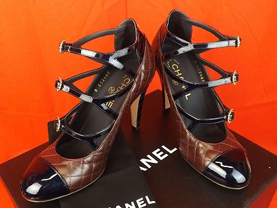 Pre-owned Chanel Burgundy Navy Quilted Leather Cc Logo Buckles Cage Pumps 40.5 $1050 In Red