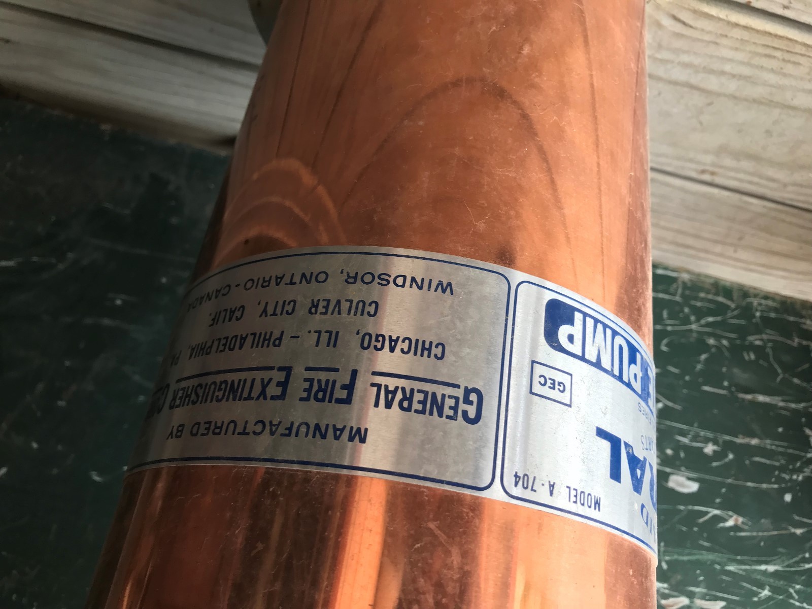 Vintage Copper Quick Aid General Fire Extinguisher Pump Handle, Man Cave