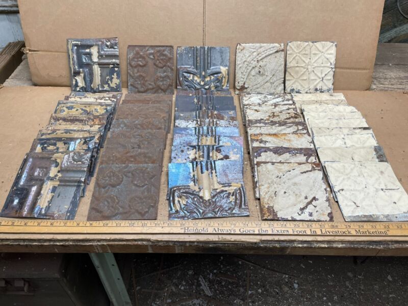 50 pc Craft Lot 5" x 5" Antique Ceiling Tin Metal Reclaimed Salvage Art Project
