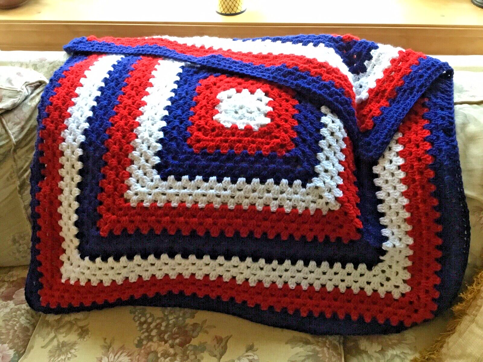 NEW Granny Stitch Patriotic Red White & Blue 35x35 Handmade Crocheted Blanket