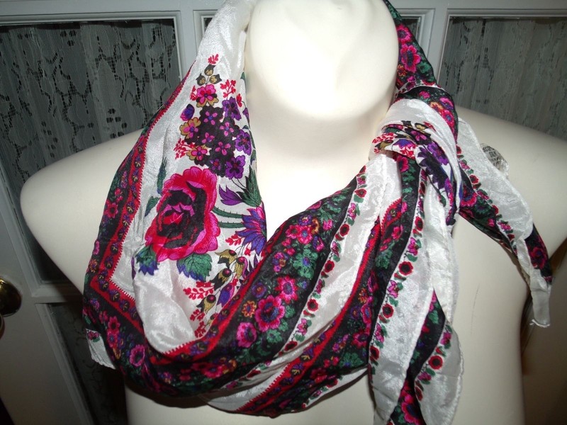 Vtg 100% Silk Scarf Japan Floral Red  Blue Purple Gem Tones 25