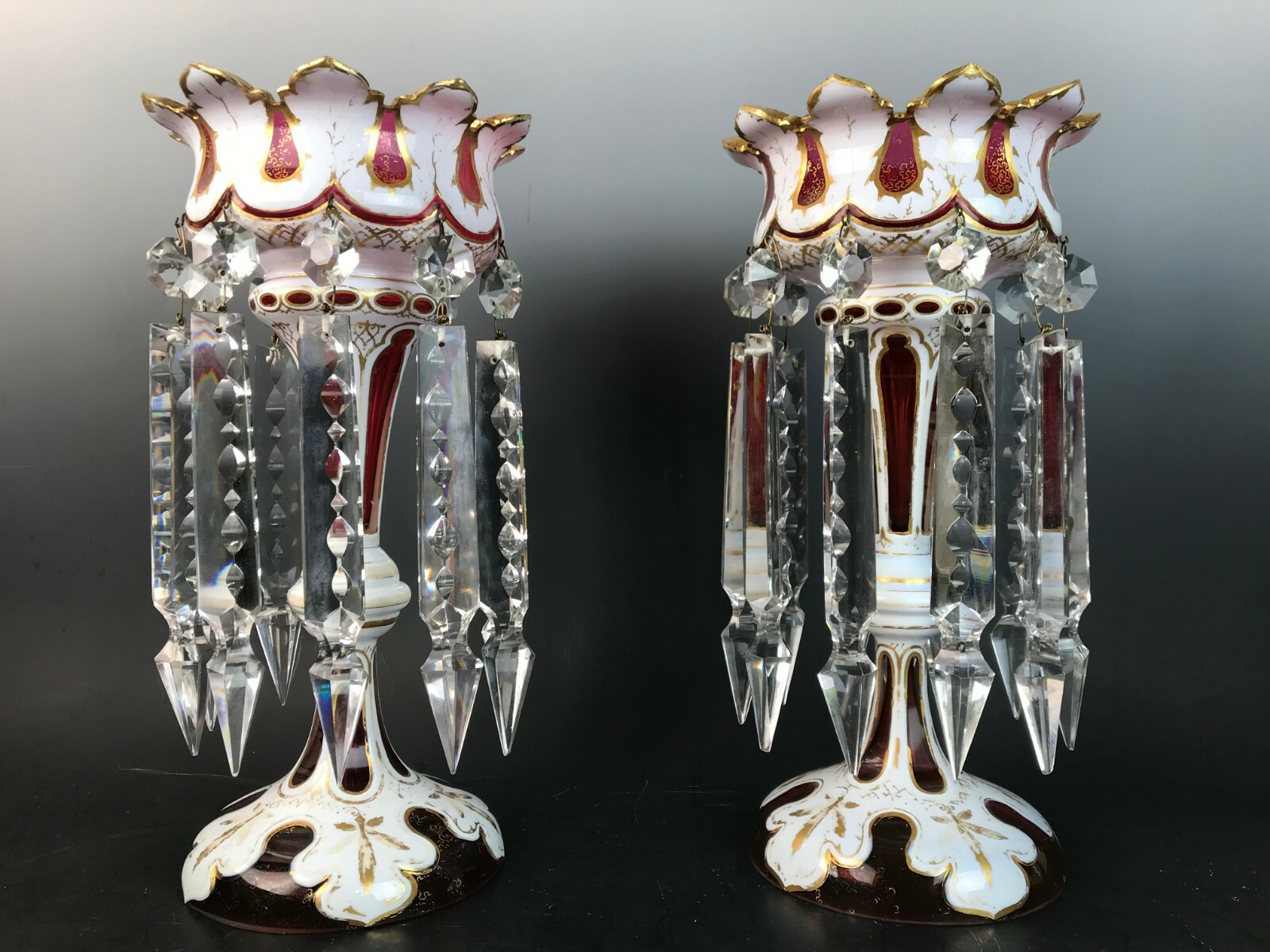 ANTIQUE BOHEMIAN MOSER OVERLAY CRANBERRY GLASS LUSTER PAIR MANTLE LUSTRES PRISMS