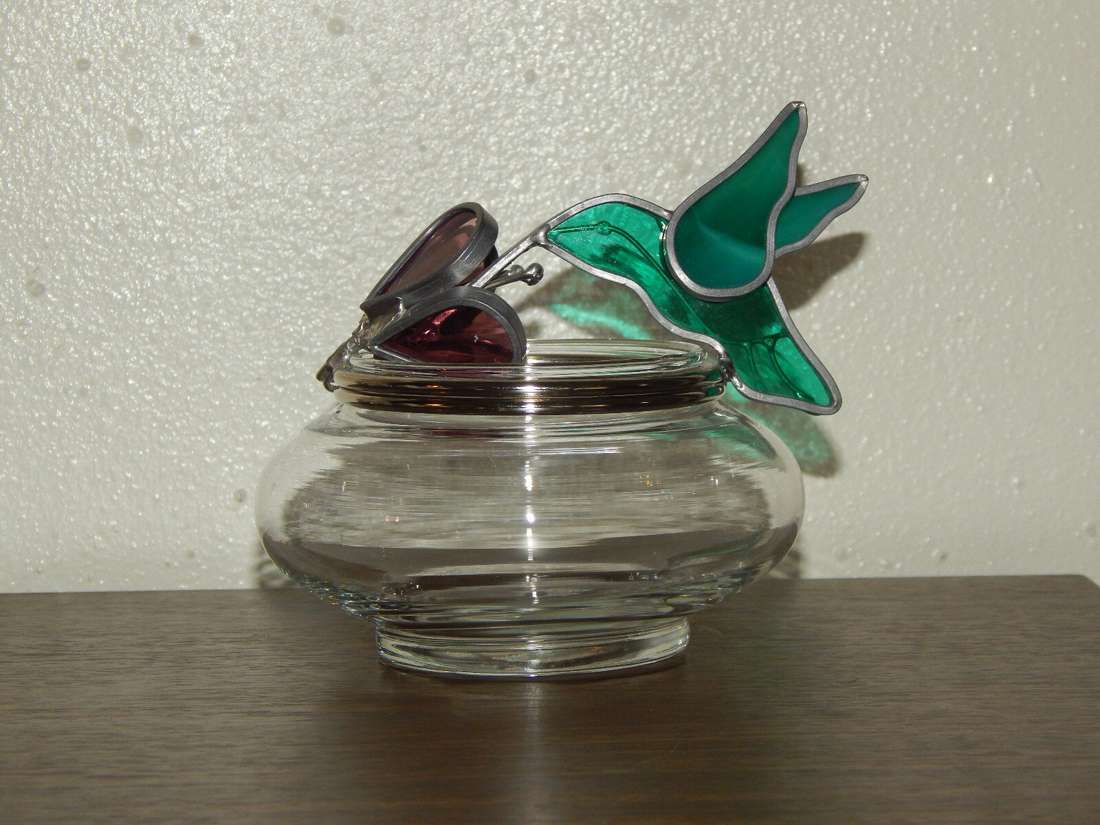 Glass Potpourri Jar With Stained Glass and Pewter Hummingbird And Flower Lid