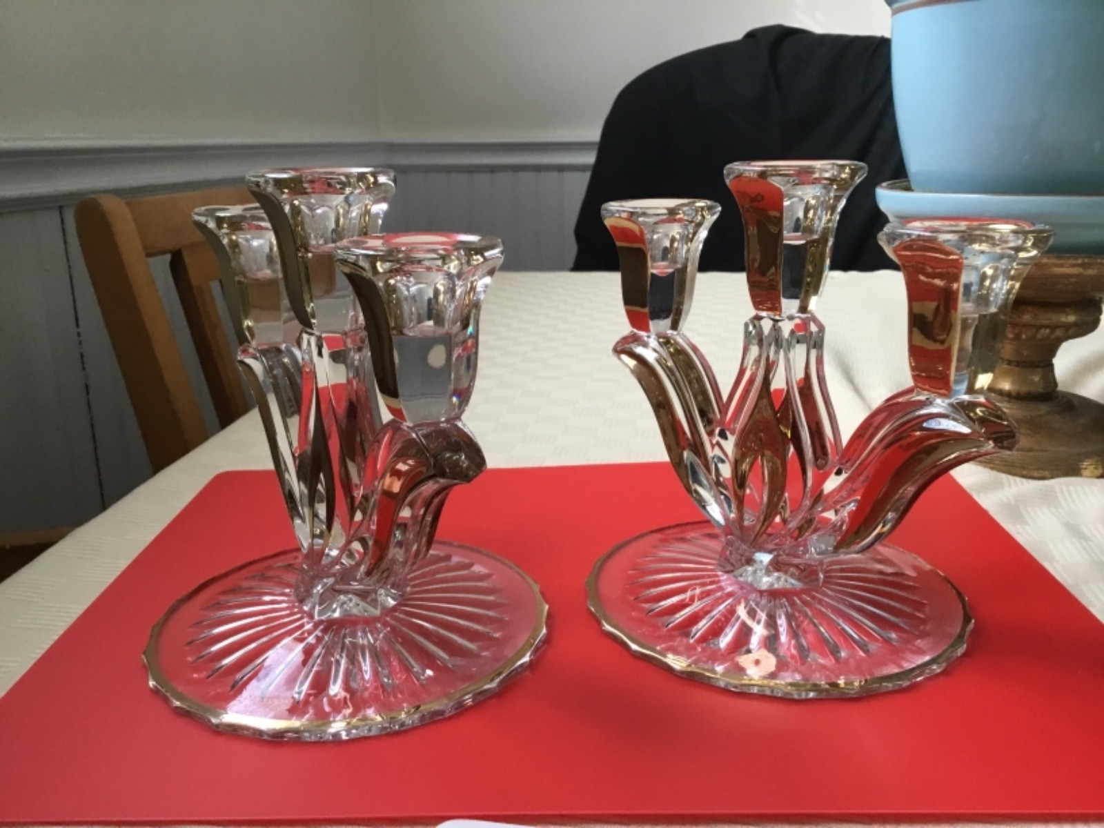 Pair of Mid century Glass Candelabra, 3 light, Gold accents