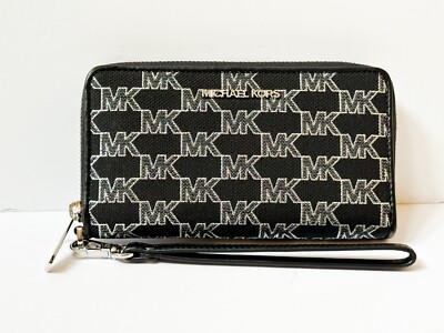 MICHAEL KOR JET SET TRAVEL LARGE FLAT PHONE CASE WALLET MK SIGNATURE BLACK MULTI