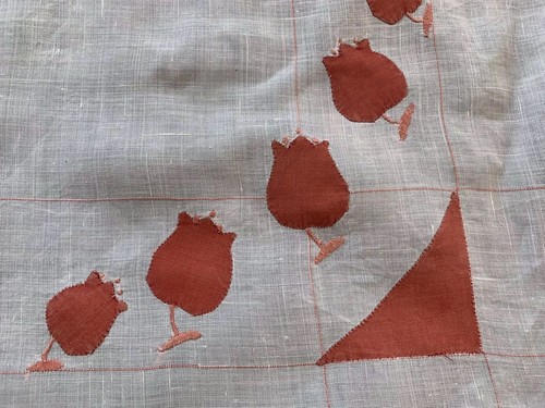 Vintage Red & White Appliqué Tulips Luncheon Cloth Thinner Cotton Almost Organdy