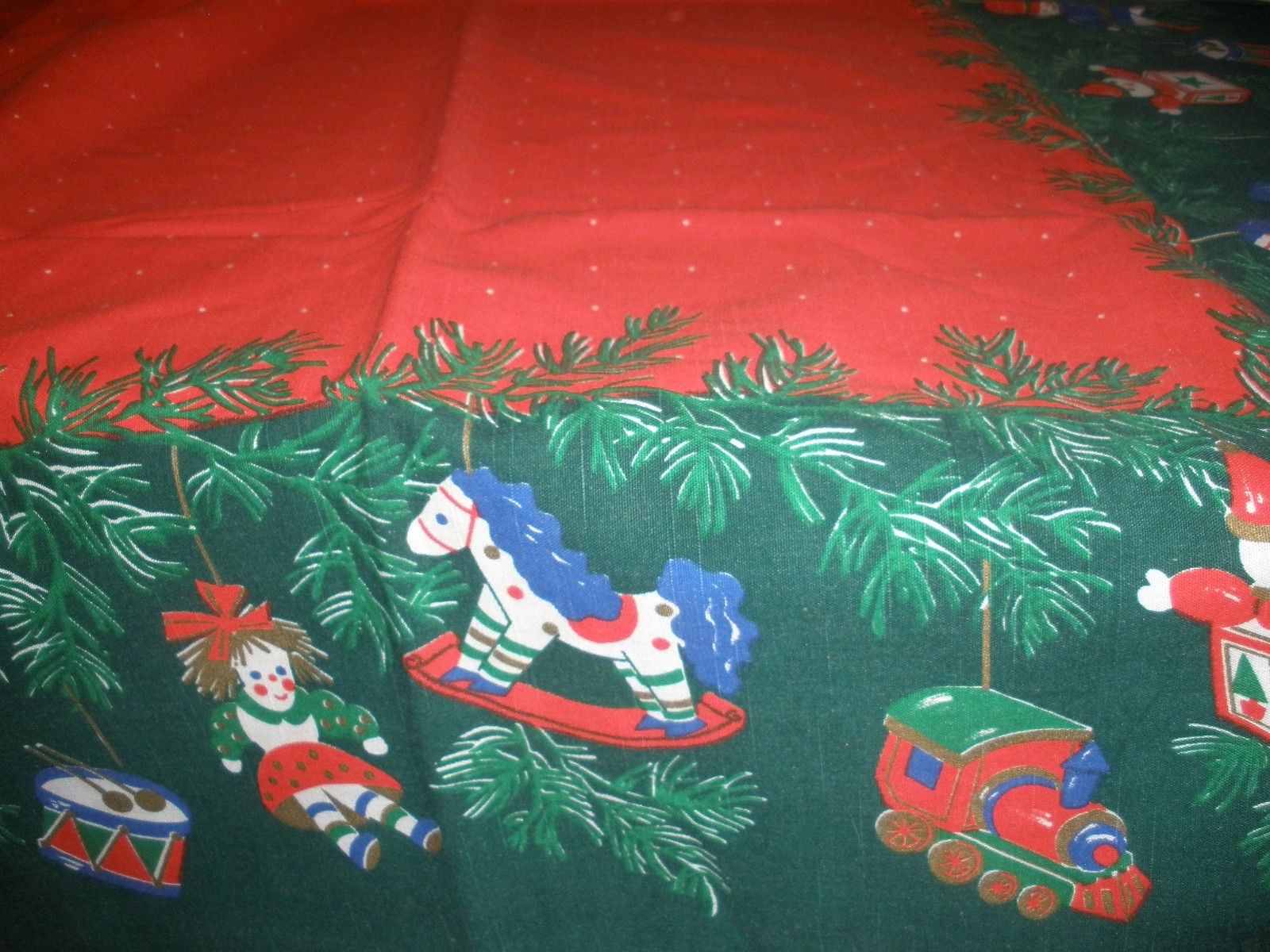 Vintage Christmas Tablecloth Red with Ornaments on Edges 80