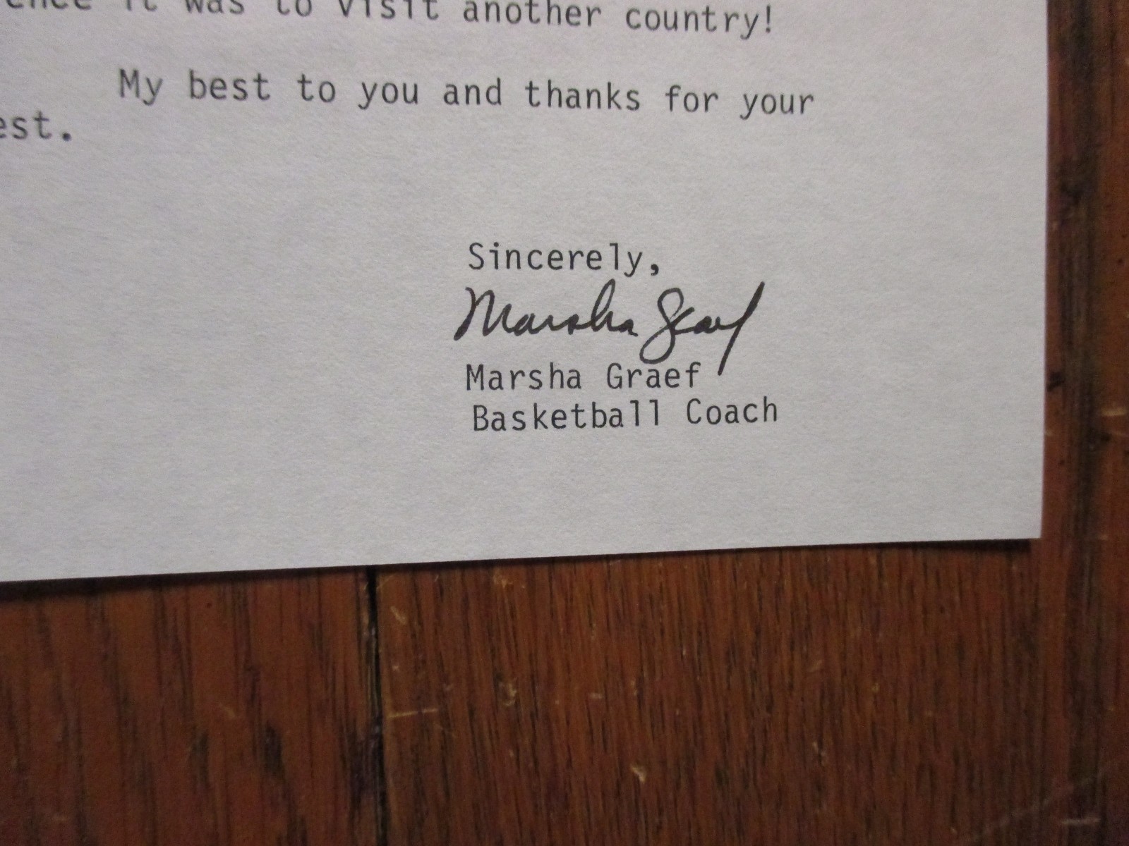 MARSHA GRAEF(Died-'15)Signed 1989 Personal Letter-Bates College Basketball Coach