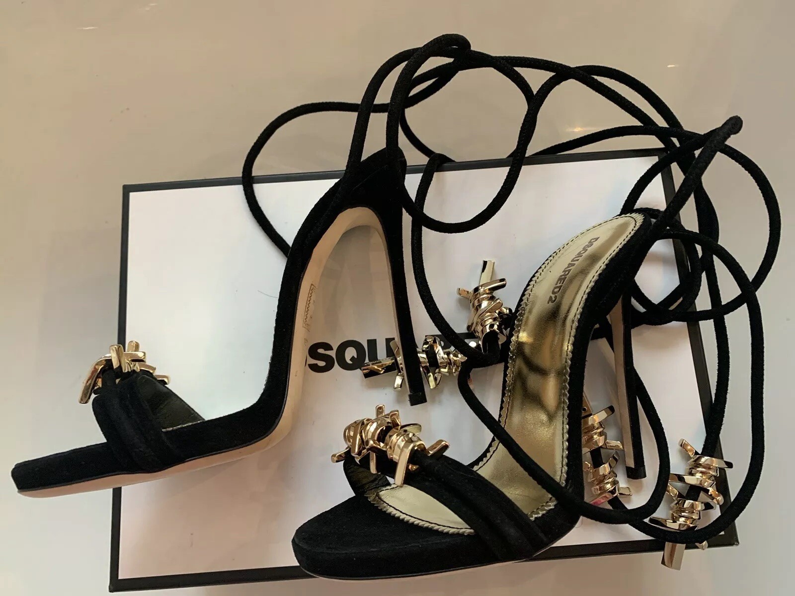 Pre-owned Dsquared2 $1140  6.5/37 Black Babe Barbed Wire Suede Ankle Tie Stiletto Sandals