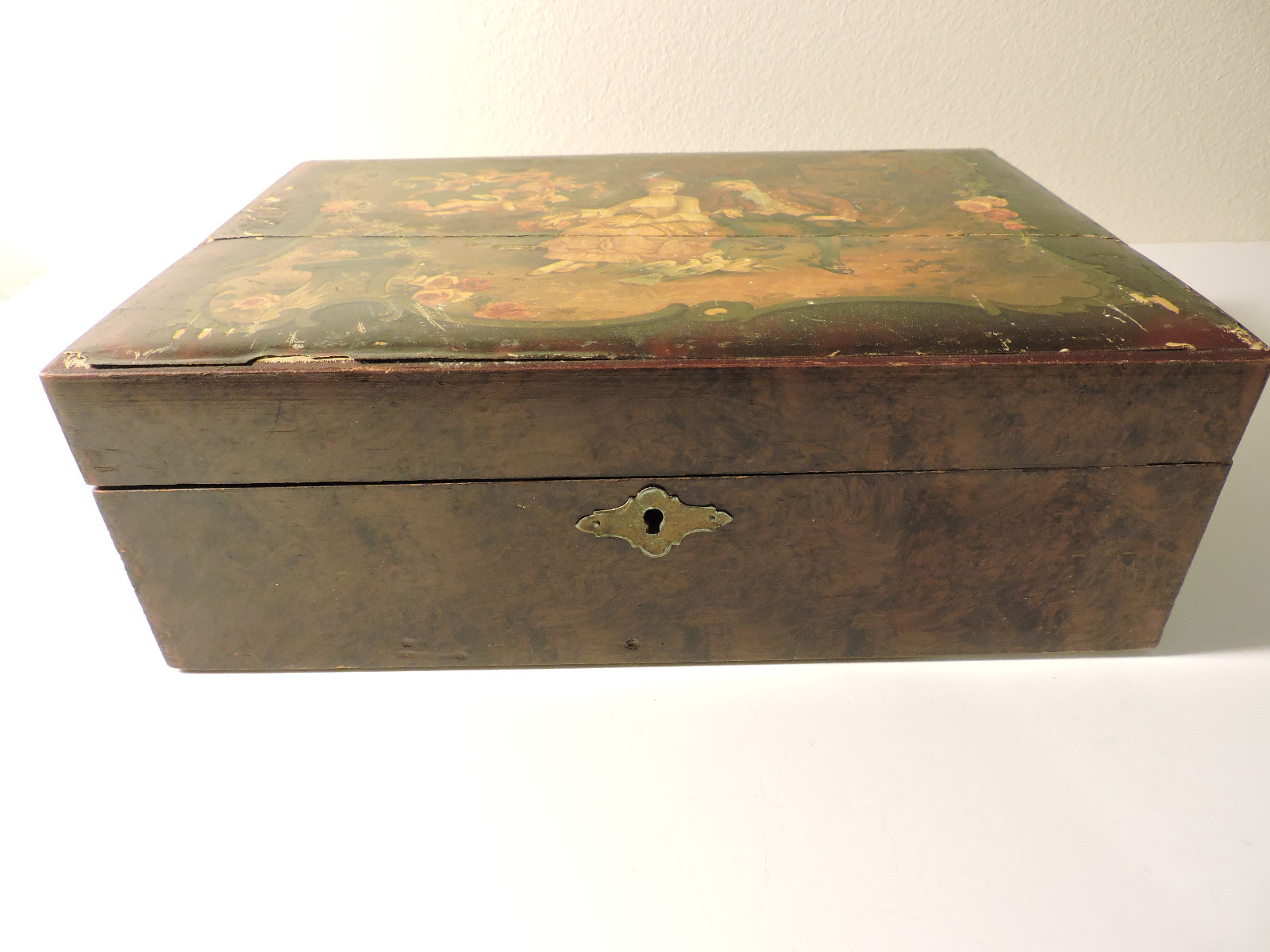 Vintage Ladies lap desk Wooden with Victorian scene on top brass latches 1900s