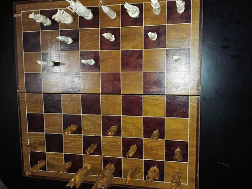 Beautiful Chinese Antique Hand Carved Chess Set w/ Original Box Faux Bone & Wood