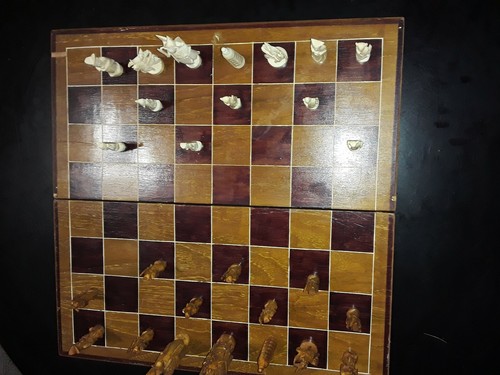 Beautiful Chinese Antique Hand Carved Chess Set w/ Original Box Faux Bone & Wood