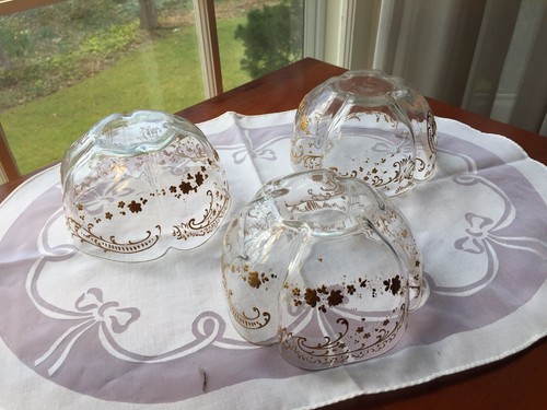 3 Josephinenhutte Gold Encrusted Antique Crystal Finger Bowls Lobed