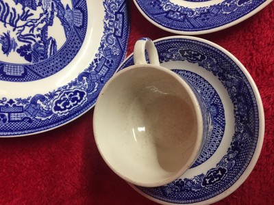 Vintage 4 Pc Set Blue Willow Tea Cup Saucer Dessert & Dinner Plate Detailed
