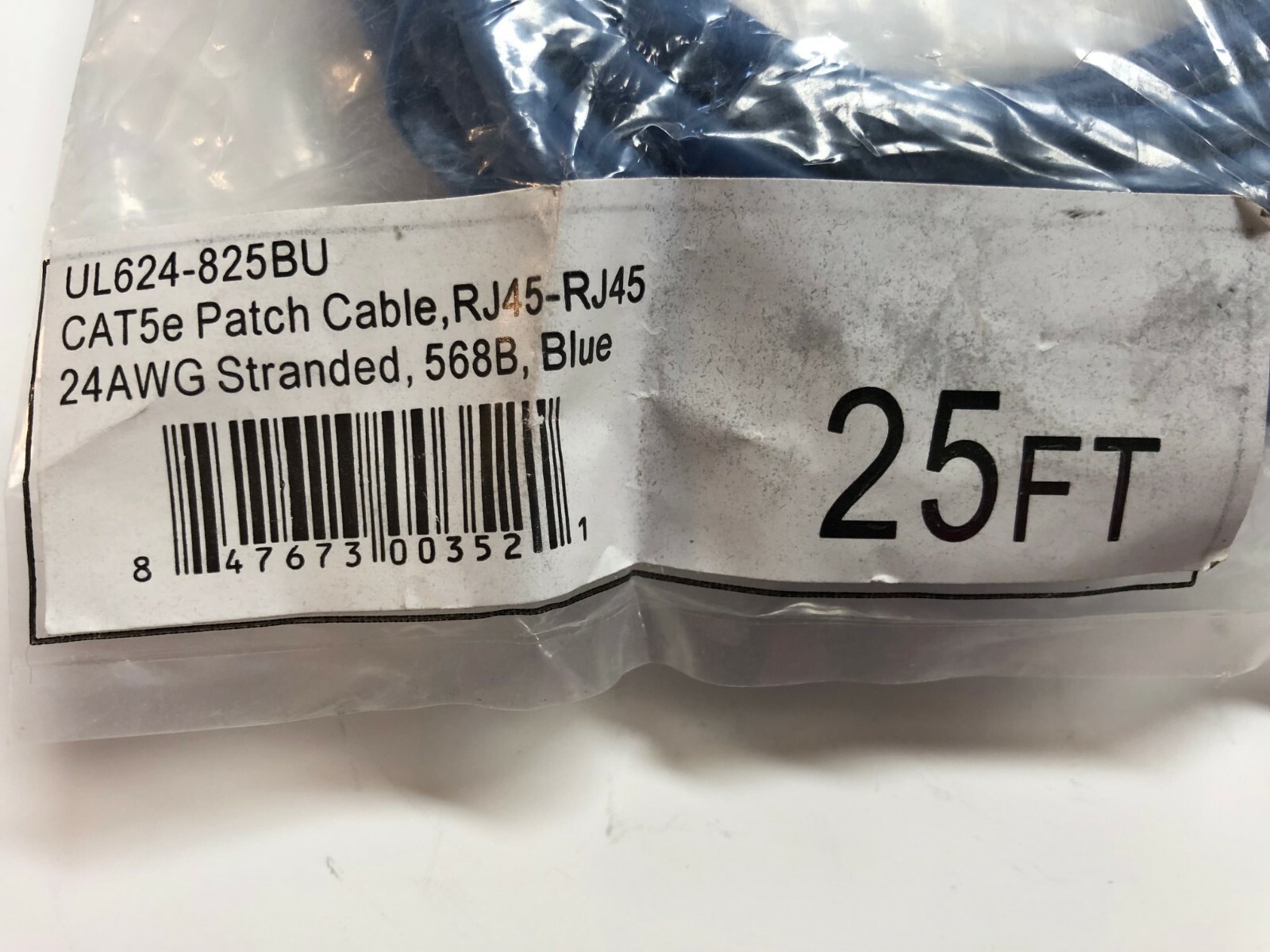 CAT5e PATCH CABLE, 25 FT - BLUE, UL624-825BU, RJ45-RJ45, 24AWG STRANDED, 568B