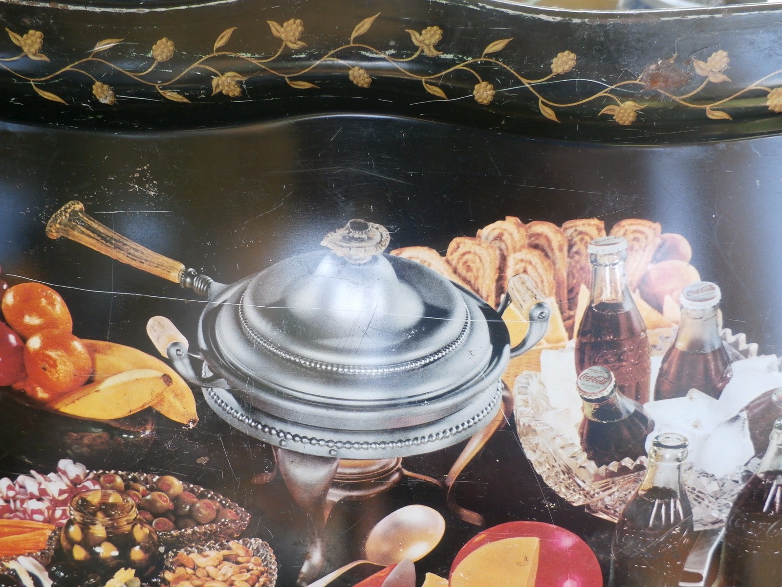 Vintage TOLEWARE STYLE  LITHO ENAMEL METAL TRAY-COCA-COLA BOTTLES-CHEESE-FRUIT