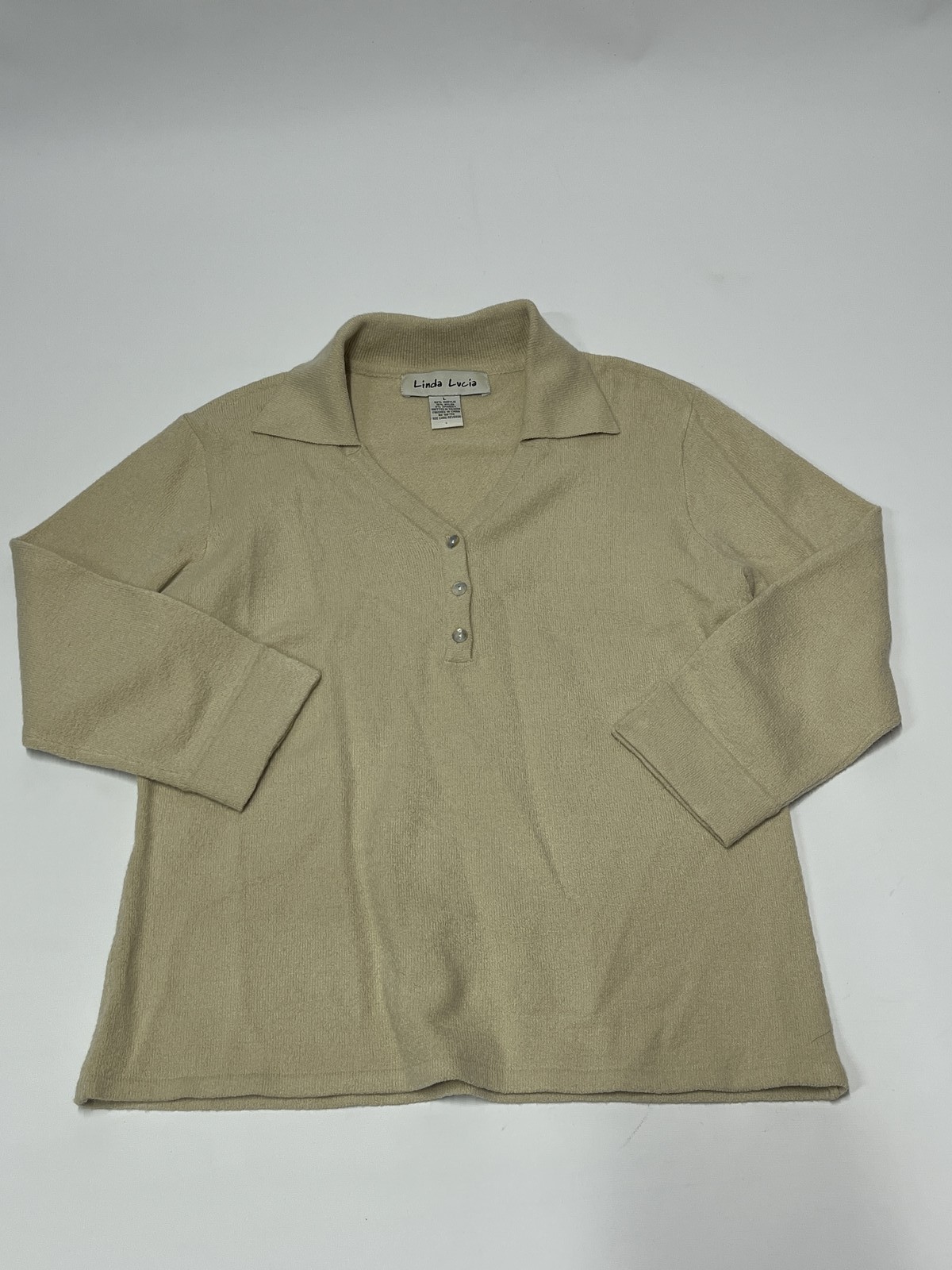 Womens Linda Lucia Beige Collared Pull Over Sweater Large L EUC