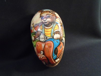 Vintage German paper mache rabbit on Vespa motorcycle Easter egg 5''