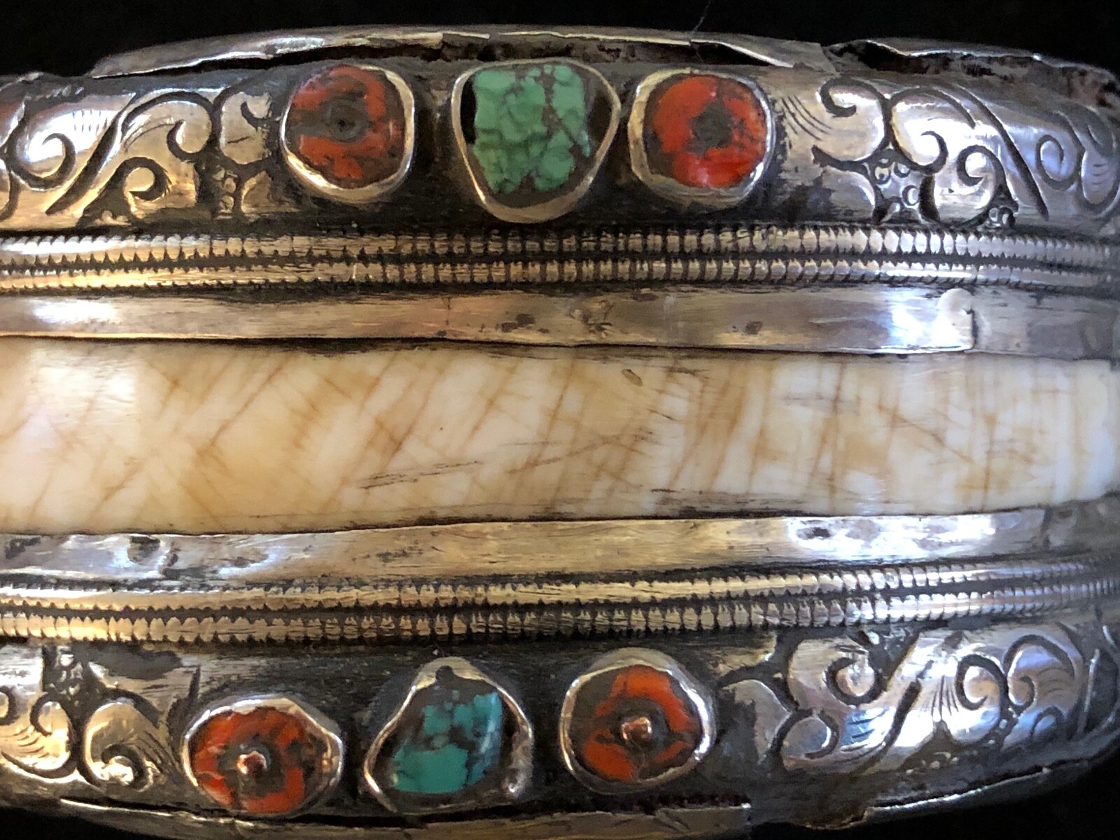 TIBETAN BONE CUFF WITH SILVER ENGRAVING, CORAL AND TURQUOISE