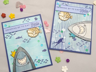 Handmade Set of 2 Shark Ocean Themed Hello Greeting Cards wEnvelope Blank Inside