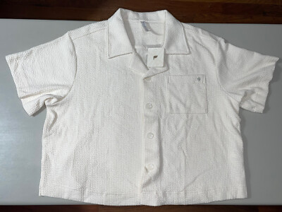 Fabletics Women's Crinkle Knit Boxy Button Down Shirt In Egret Size Large