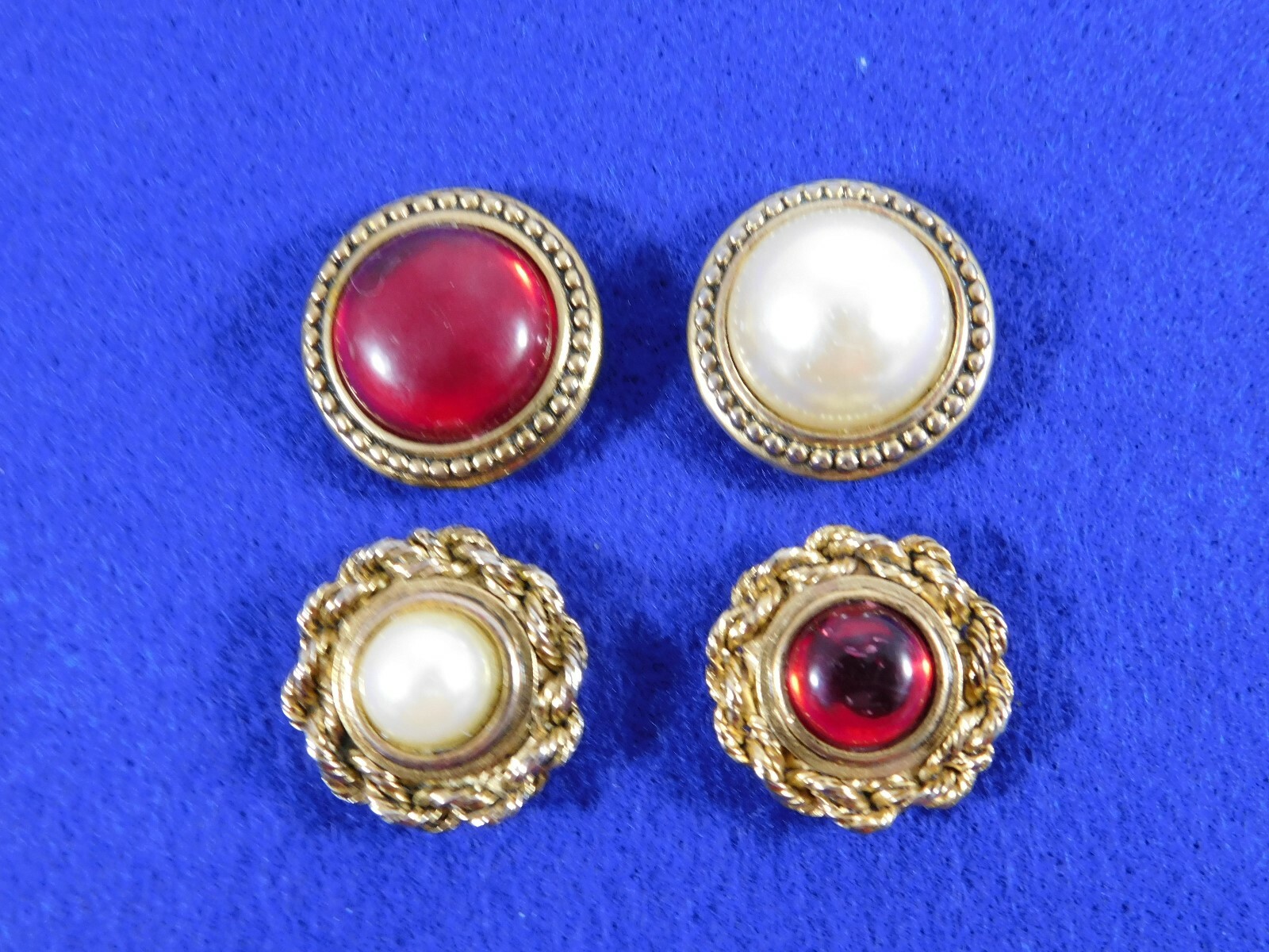 Vintage Button Covers Faux Pearl Red Cabochons Gold Tone Set of 4