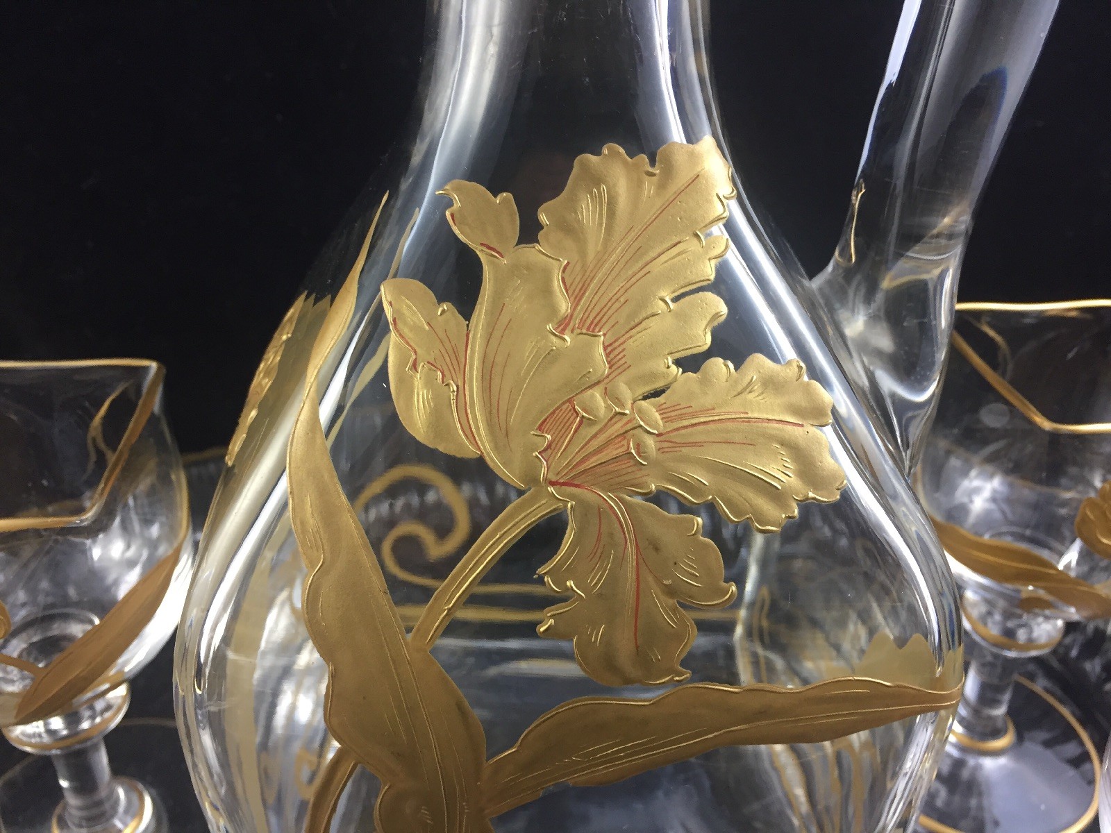 ?? Baccarat Crystal Gilt Enamel Decanter Liquor Cordial Cabaret Set c. 1895