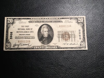 National Bank Note Monongahela City Pennsylvania 1929 $20 Note