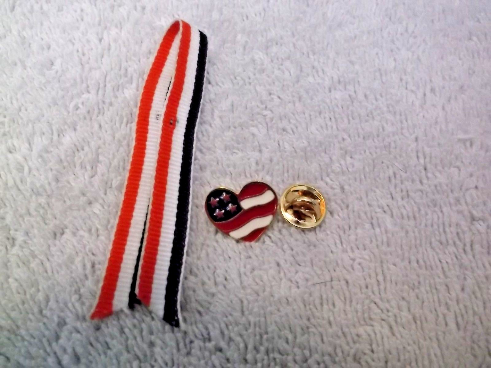 Avon 2001 Made In USA Patriotic Heart Lapel Pin With Red/White/Blue Ribbon