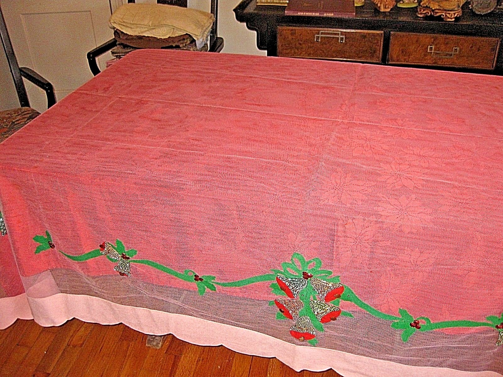 Tablecloth Christmas Pink Net with Sequin Embellished Bells Trees 107x75 Vtg