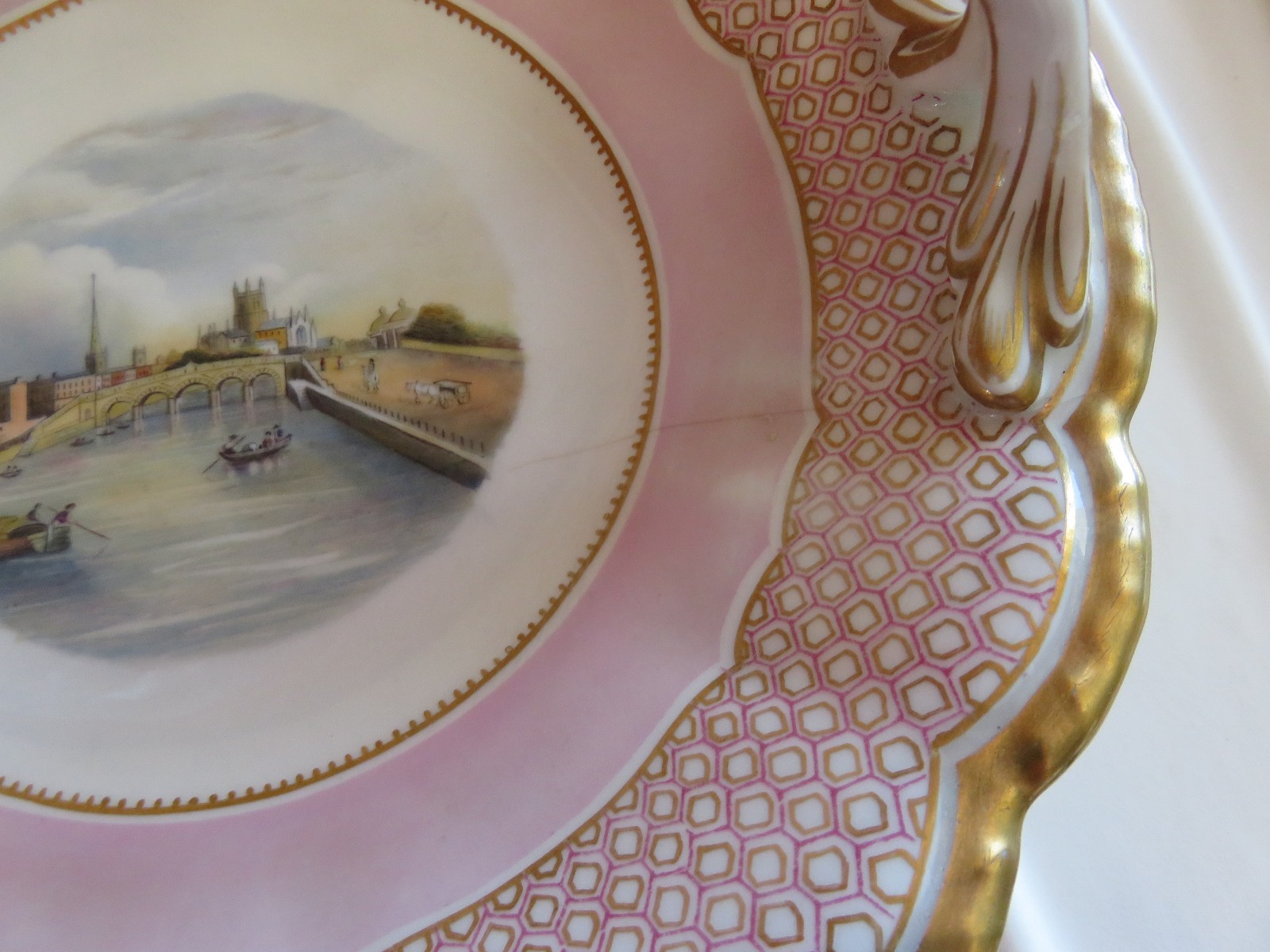 Early George Grainger Worcester Bridge Picture Footed Handled Cake Server Plate