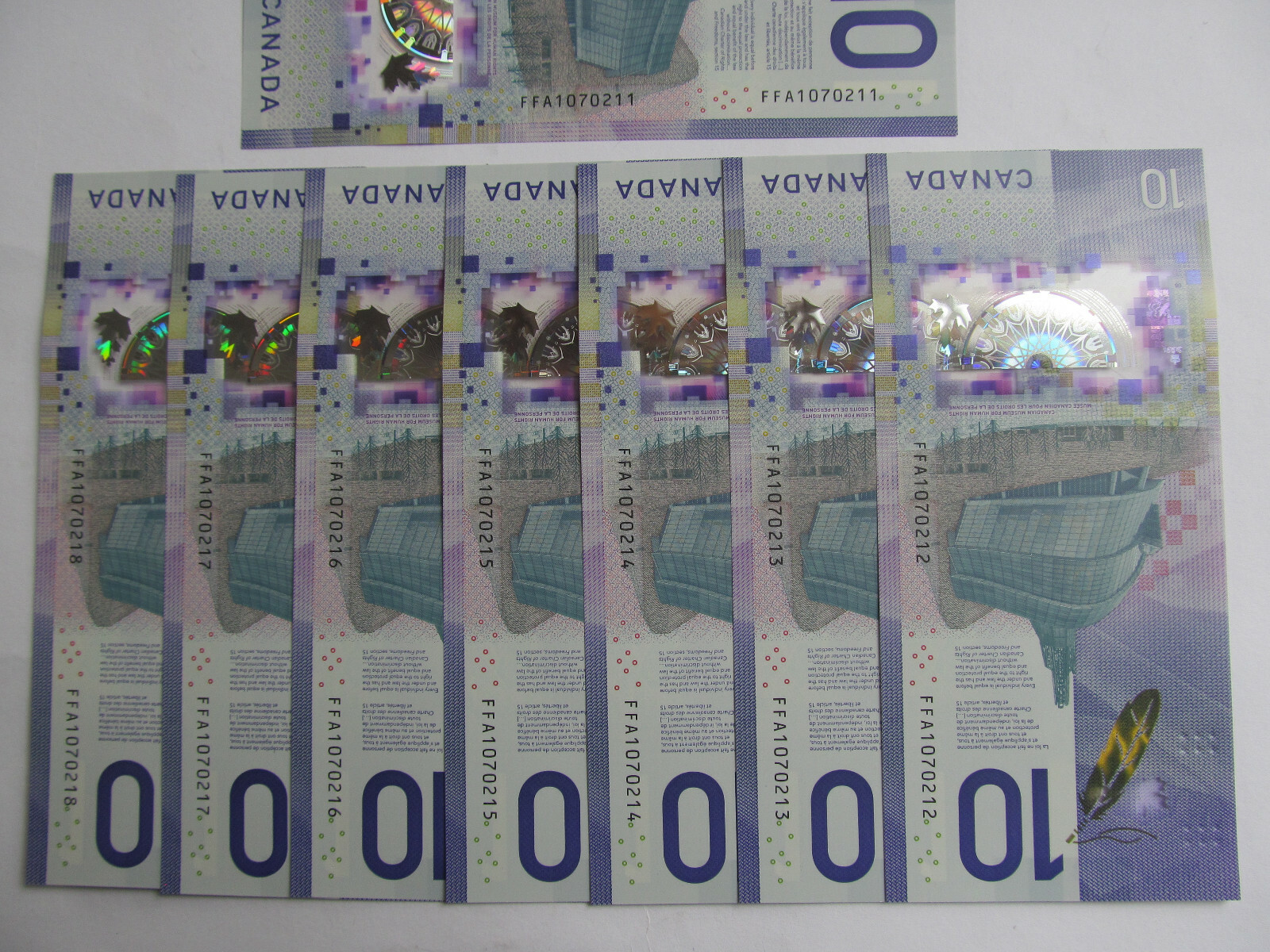$ 13 EACH 8 SECQUENCE UNC MINT 2018 CANADA VOILA DESMOND 10 DOLLAR BANKNOTE