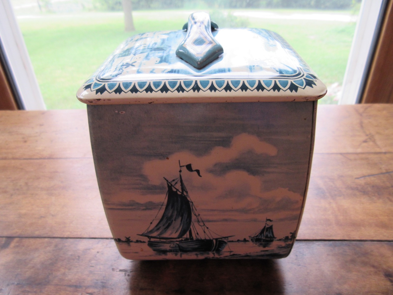 VTG Blue & White Tin Featuring Dutch Windmills & Boats Made in West Germany