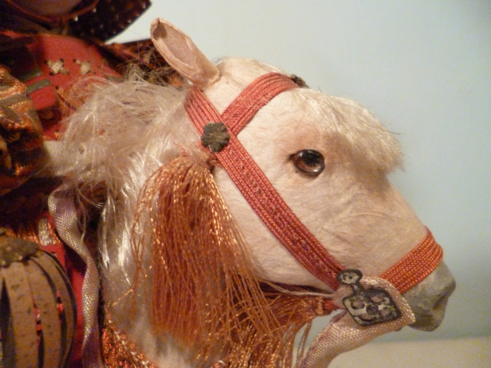 ANTIQUE JAPANESE BOY WARRIOR MOUNTED ON HORSE BOTH HAVE GLASS EYES