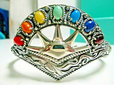 CAROLYN POLLACK AMERICAN WEST STERLING MULTI GEMSTONE RAINBOW SUN CUFF BRACELET