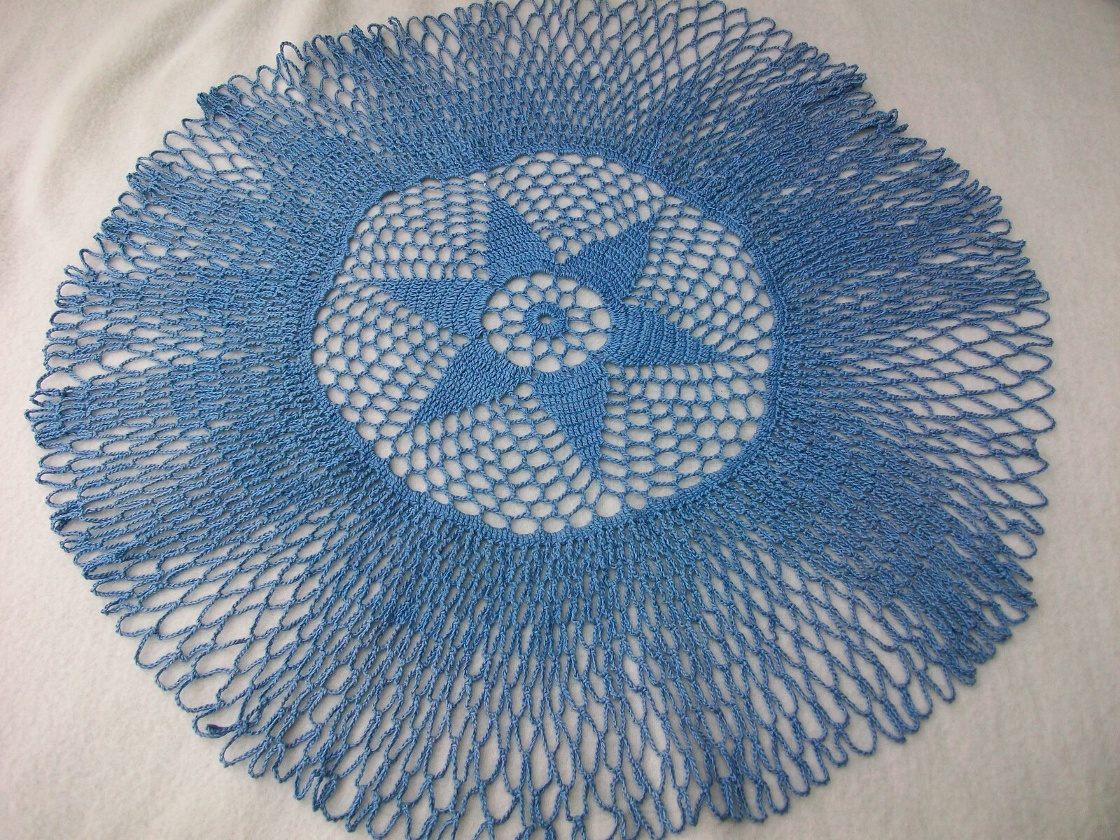 Crochet Doily Round Blue Star 20 Inch Diameter Net Border Hand Crocheted