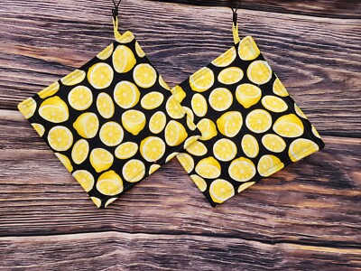 Set 2 handmade pot holders Hot pads CITRUS FRUIT YELLOW LEMONS SUMMER FOOD