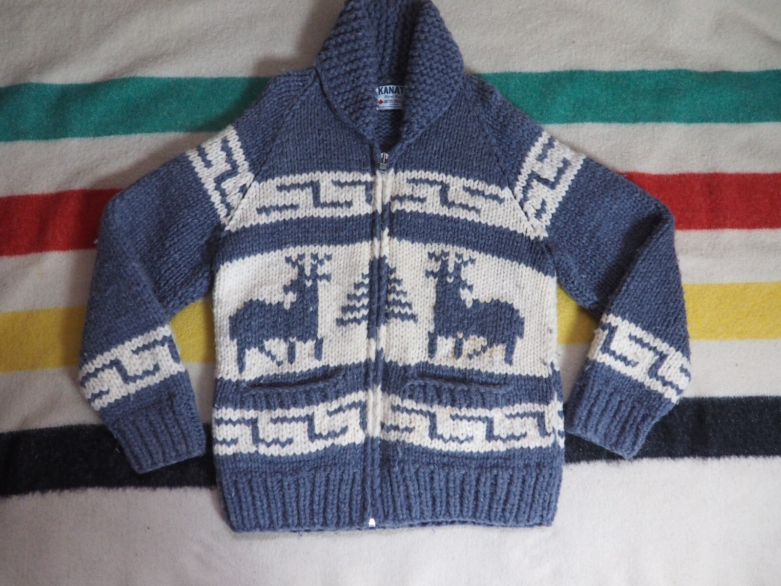 トップス Kanata Wool Cowichan Sweater VTG 70s 80s Kanata Gray Cream Deer Wool Full Zip Heavy