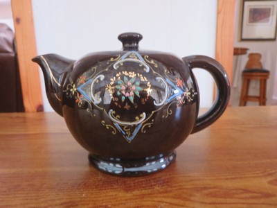 Vintage MG Brown Glazed Teapot w/ Raised Painted Flowers Made in Occupied Japan