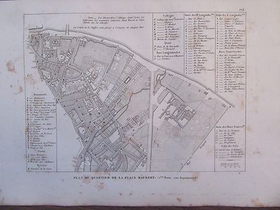ENGRAVING 1839 PARIS PLAN DU QUARTIER DE LA PLACE MAUBERT 1st PARTIE NORD