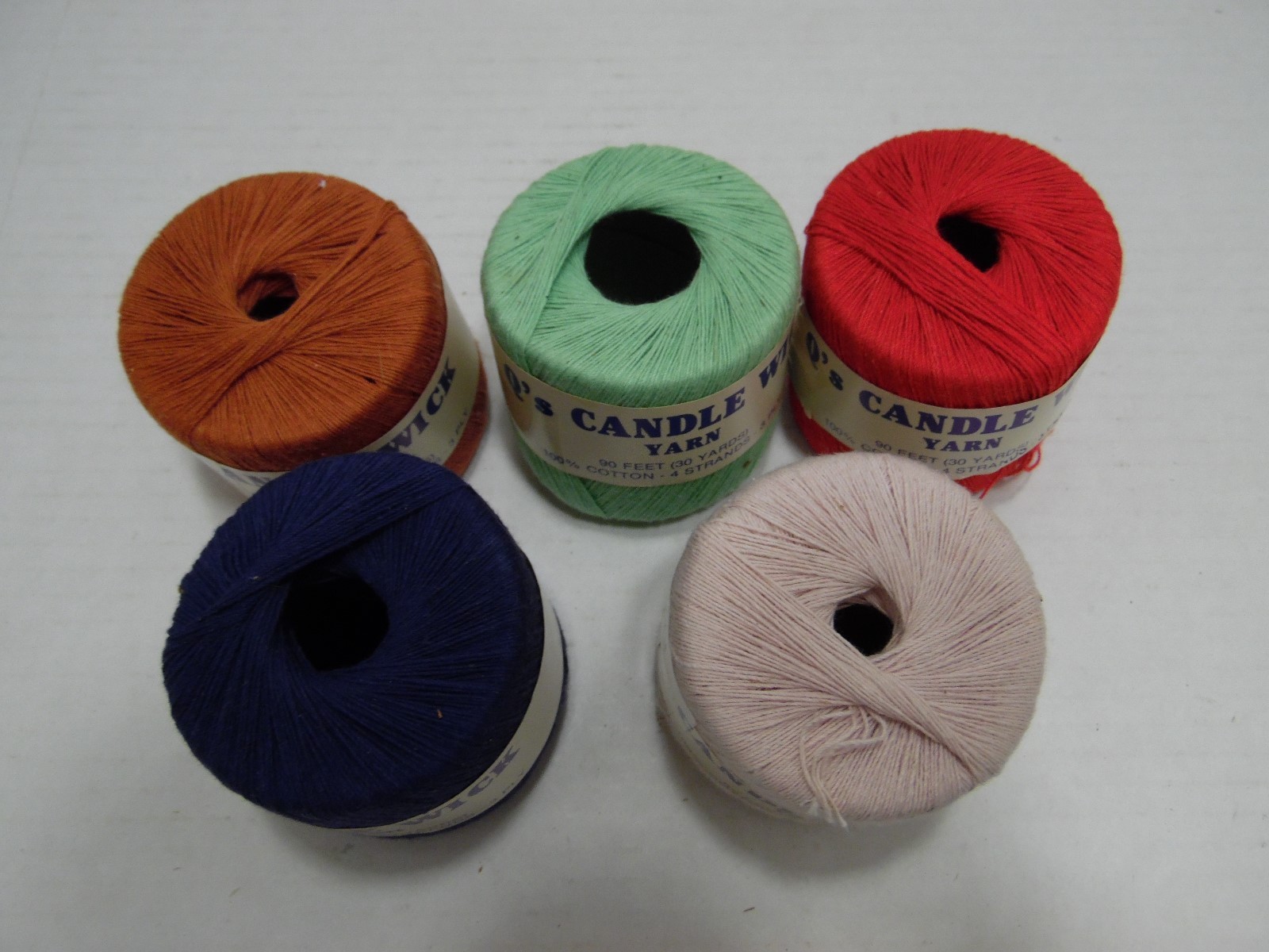 Q's Candle Wick Yarn Lot of 5 Assorted Colors Cotton 3 Ply 4 Strand Color Fast