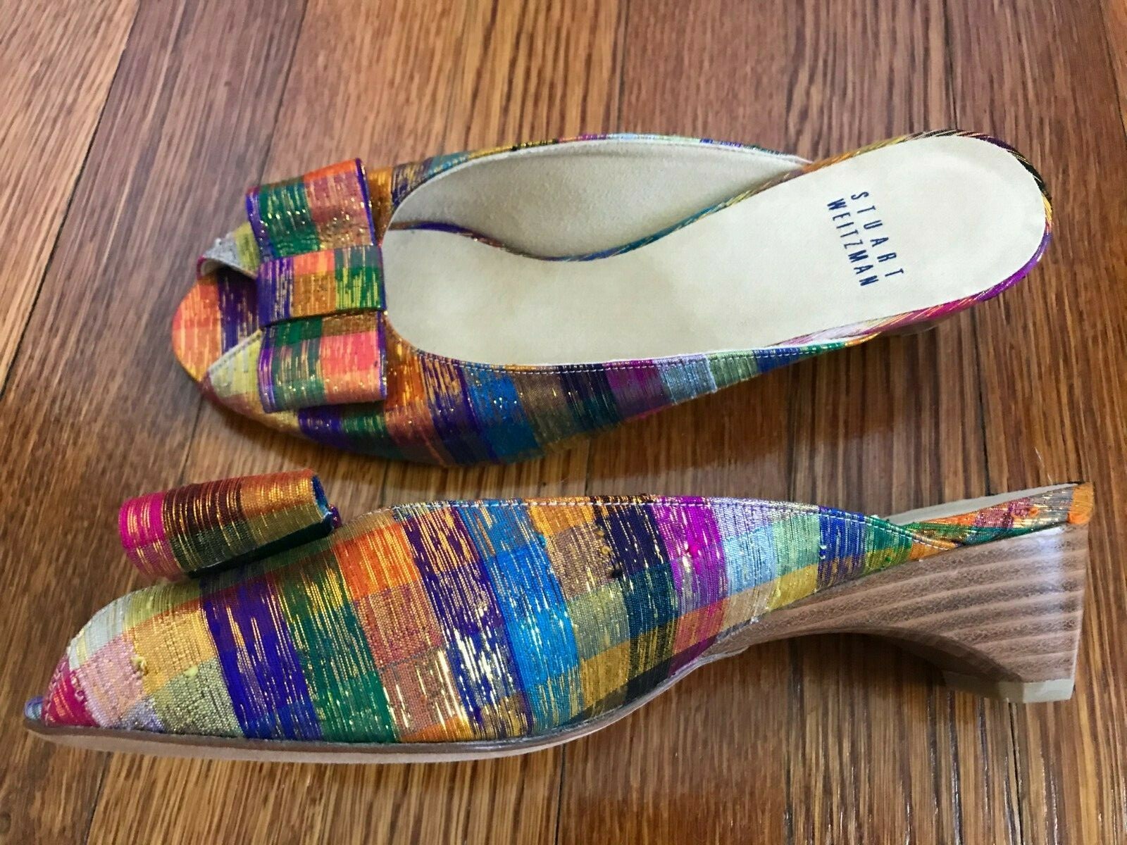 サンダル・ミュール Stuart Weitzman SS23 'Sw Bow' mules (SB587 CL6) New Stuart Weitzman Size 7M Multicolor Candy Plaid Silk Bow