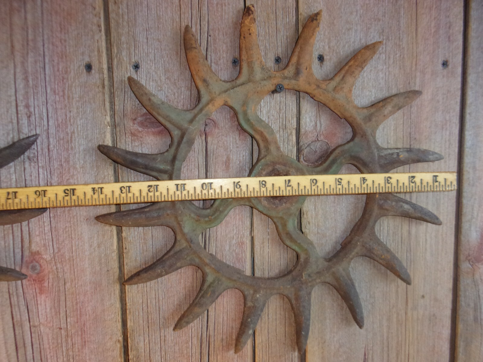 2 Vintage Industrial Iron Rotary Hoe Cultivator Wheels Garden Farm Yard Art