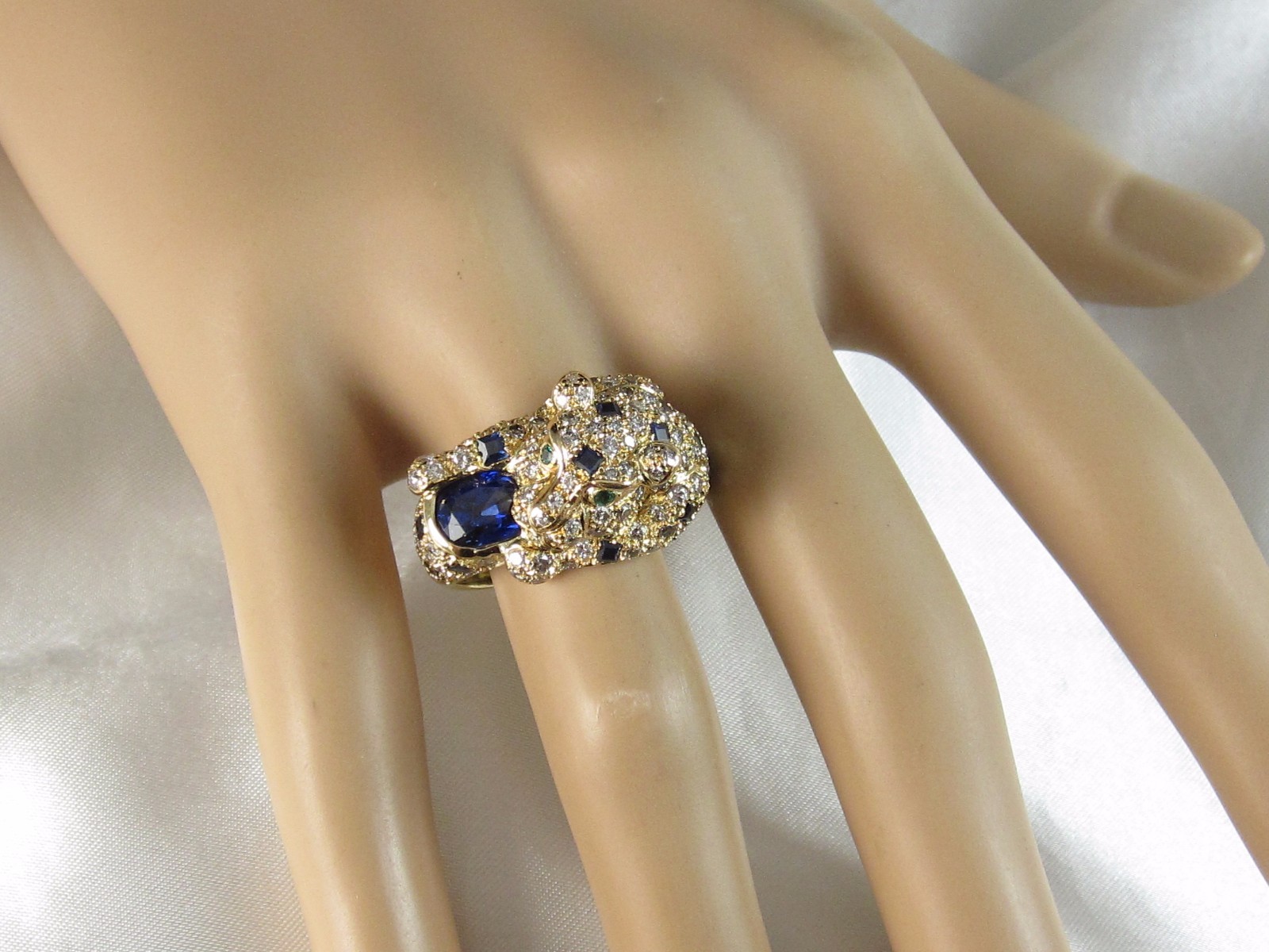 18K Panther Ring Sapphire Diamond Emerald Eyes Cat 4.18ctw Fine 11.5 gr Size 7.5
