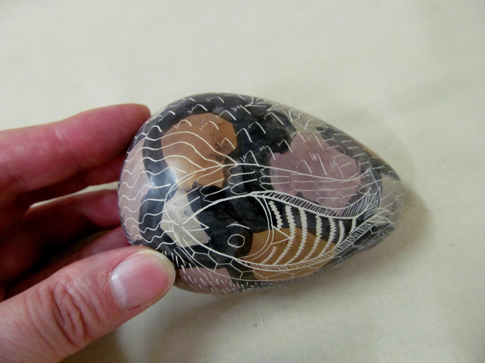 Hand Carved Etched Painted Decorative Stone Egg Native Fish Design Earth Colors