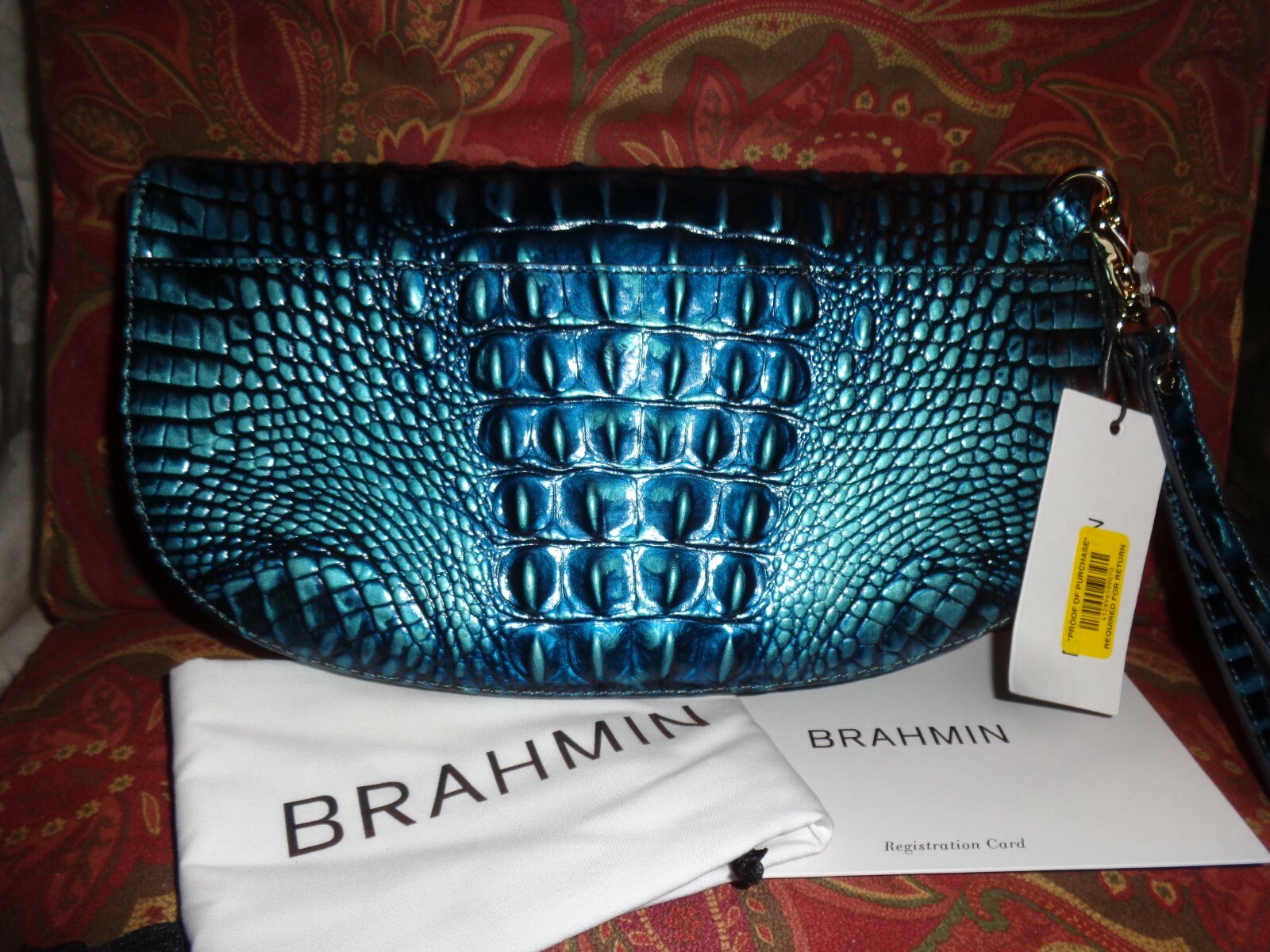 NWT BRAHMIN SANDRINE VERDIGRIS CROCO EMBOS LEATHER CLUTCH WRISTLET BAG