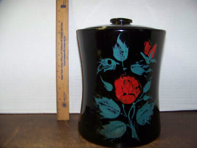 VINTAGE McCoy Cookie Jar Black Concave w/ Red Roses 1940's Stoneware USA Gem!