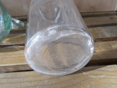 2 Vintage Glass Small Syrup Pitchers finger handles Green & Clear Bubbles seamed