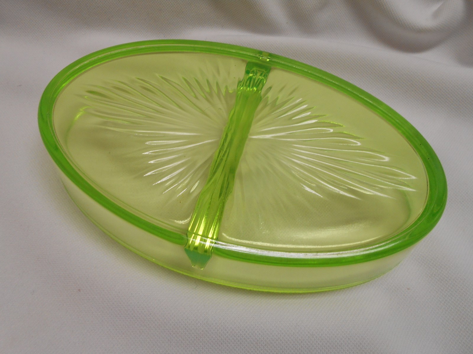 vintage green Vaseline glass  Divided Relish Dish