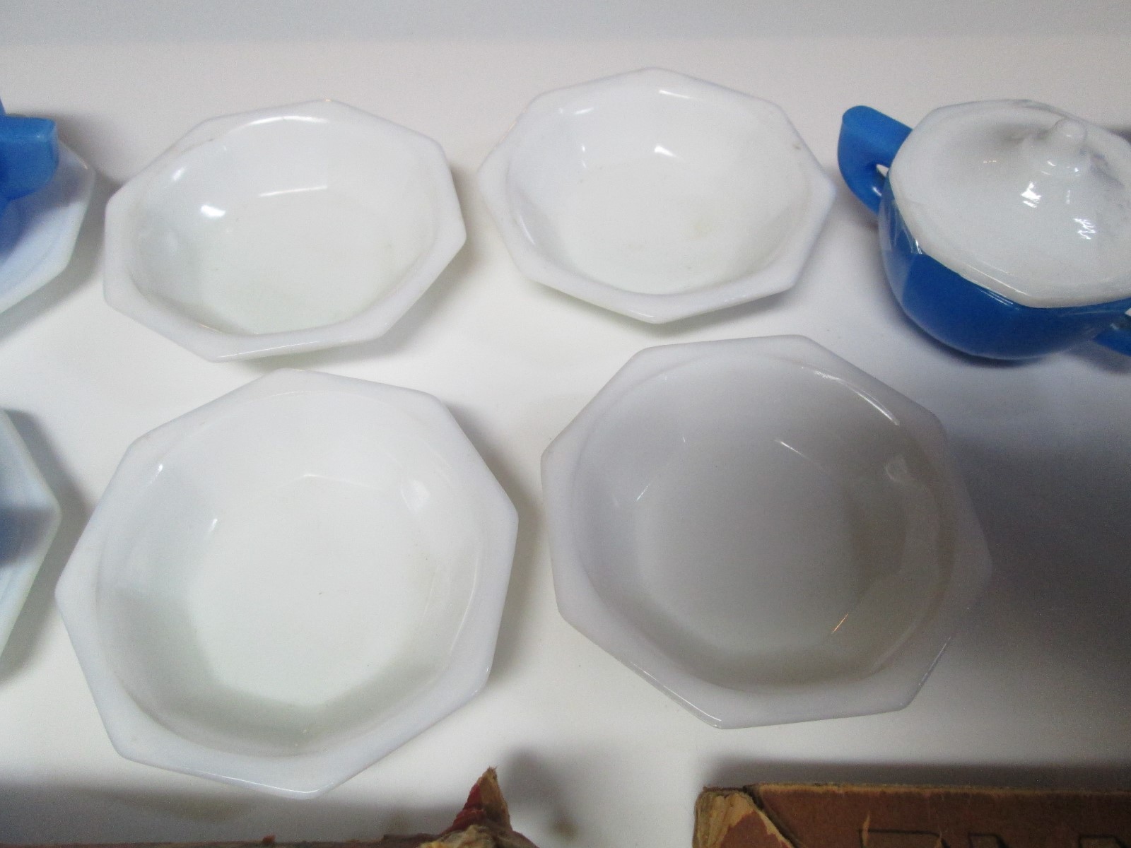 Vintage Akro Agate Play Time Glass Dishes Lot Blue & White Tea Set